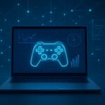 A glowing blue gaming controller displayed on a laptop screen with abstract data graphics in the background